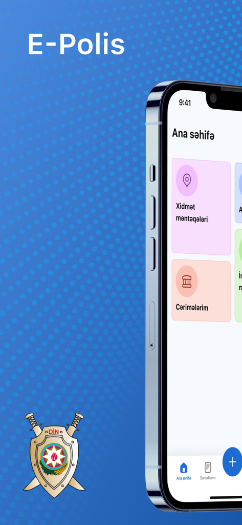 Interface de l'application mobile E-polis montrant le menu principal des services publics azerbaïdjanais sur un iPhone