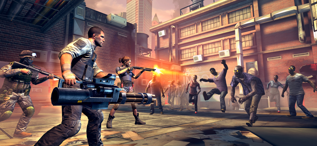 Survivors fighting a zombie horde in an urban setting using heavy weapons