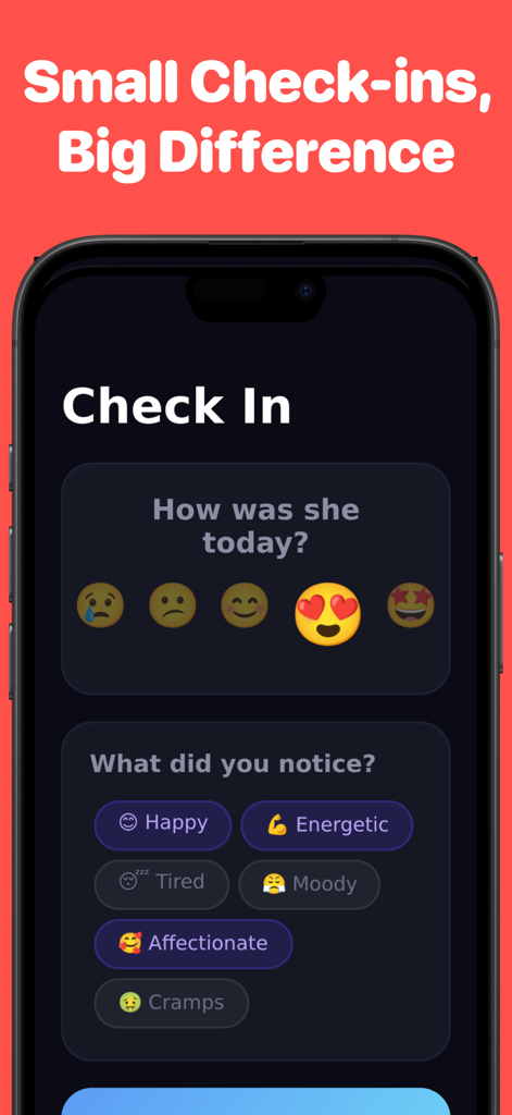 Yuni: AI Partner Cycle Guide - Daily check-in screen in the Yuni app showing mood selection and observation tags for partner support.