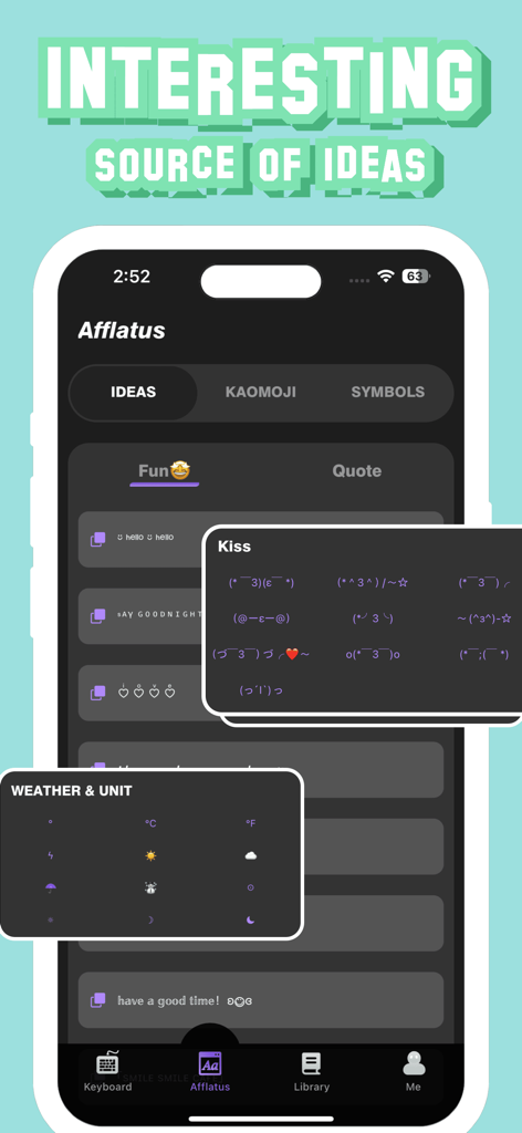 Font Keyboard: Cool Themes - A mobile app interface displaying creative kaomojis and text symbols