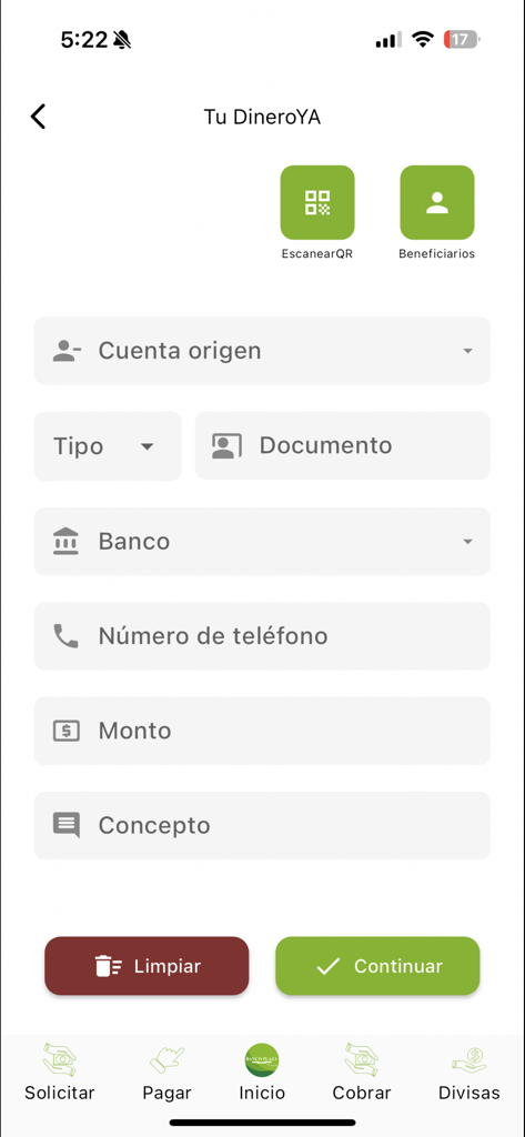 Banco Plaza App - User interface of the Banco Plaza mobile app for making instant payments via Tu DineroYa