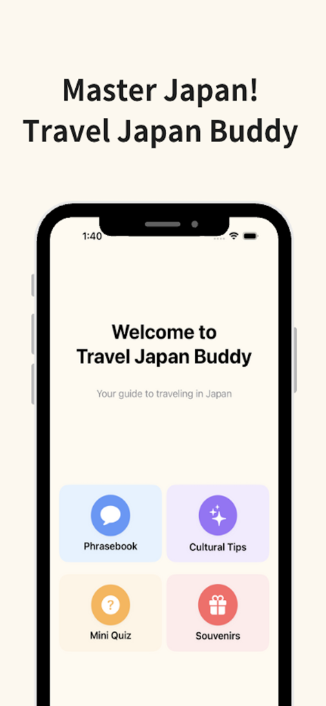 Pantalla de inicio de la aplicación Travel Japan Buddy mostrando opciones de menú para Libro de frases, Consejos culturales, Mini cuestionario y Souvenirs.