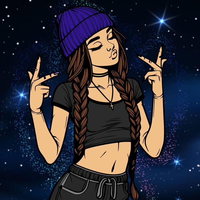 realistic teenage girl with braids and a beanie and crop top doing 🫶🏼
