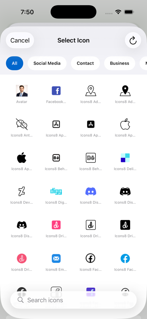 Une interface mobile de l'application Signature Pro montrant une grille d'icônes de médias sociaux et de contact pour personnaliser les signatures d'e-mail.