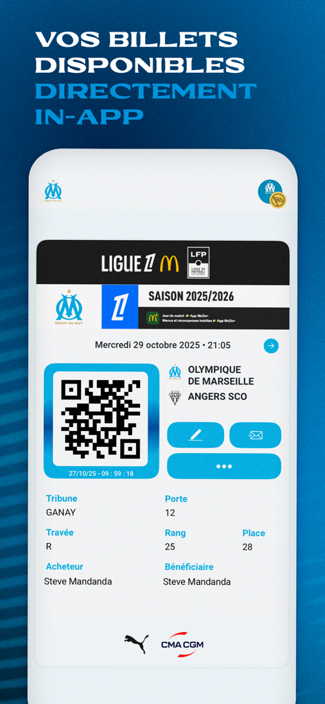 Billet de match numérique avec code QR affiché dans l'application mobile officielle de l'OM