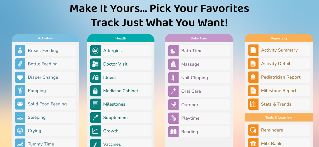 A comprehensive list of customizable tracking features including feeding, health, baby care, and reporting categories.