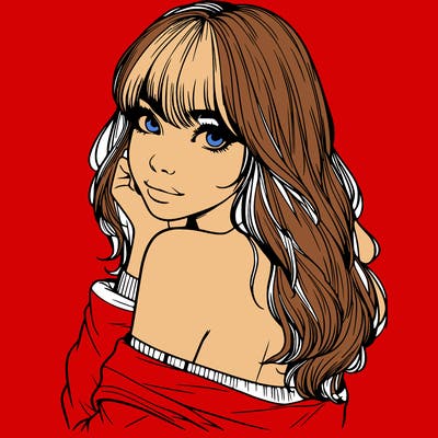 realistic girl with bangs looking over her shoulder