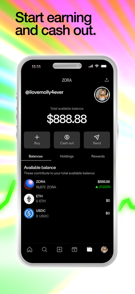Zora: Post, Trade, Earn Crypto - Mobile interface of Zora app displaying a crypto balance with options to cash out and trade