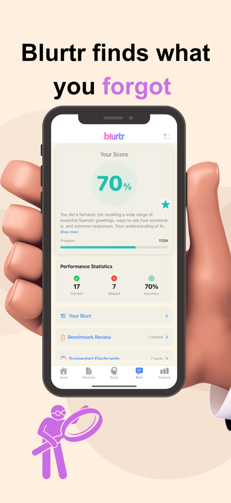 Blurtr: Study & Blurt - Blurtr app interface showing a 70 percent study score with performance statistics and identified knowledge gaps.