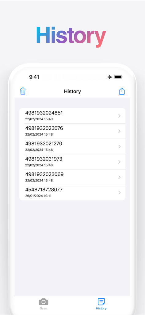 The scan history screen of the Barcode Scanner app showing a list of previously scanned codes with dates and times.