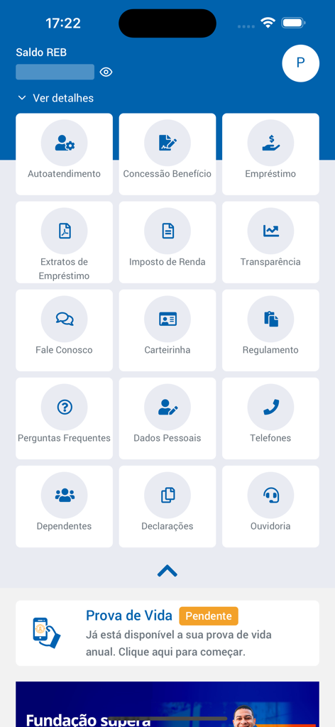 FUNCEF mobile app dashboard showing a grid of service icons such as loans, income tax, and personal data alongside a life proof notification