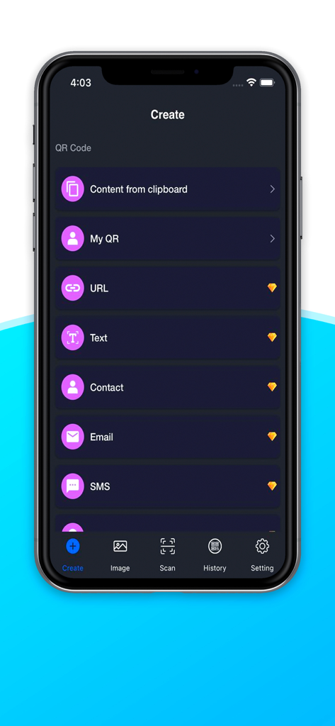 iQR Pro E - Interface of the iQR Pro E app showing various options to create QR codes for clipboard content, URLs, text, contacts, email, and SMS.