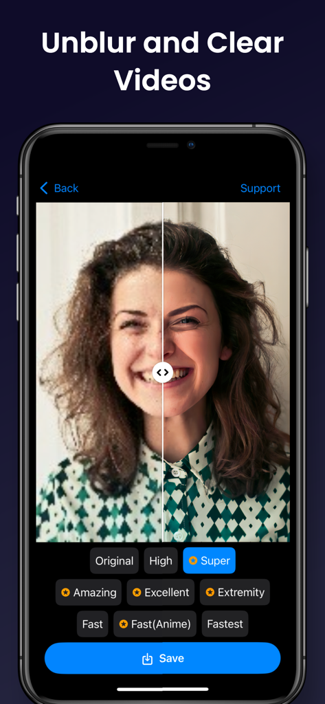 Enhance Photo / Video Easily - Comparación lado a lado de un retrato borroso y mejorado que muestra las capacidades de desenfoque y video claro de la aplicación.