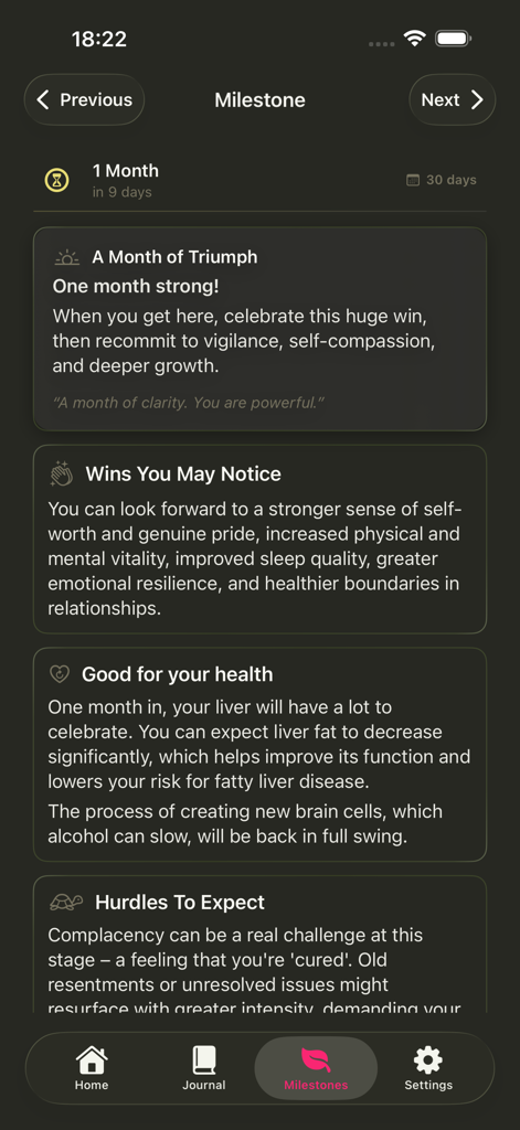 Simple Sober Tracker - A mobile screen showing the one month sobriety milestone with health benefits and expected hurdles.