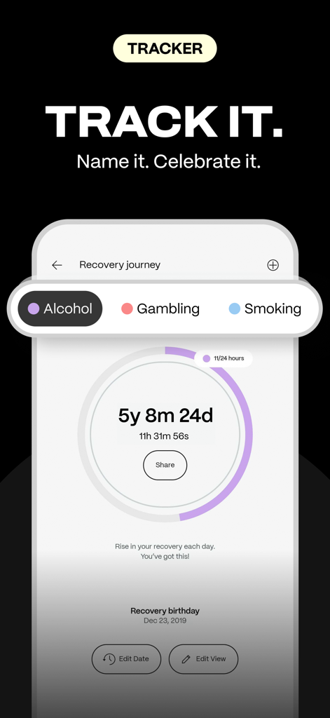 NewForm: Recovery & Wellbeing - NewForm app recovery tracker displaying sobriety progress milestones for alcohol and habits