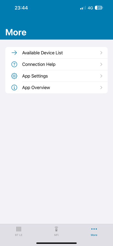 Menu Mais do aplicativo Zebra Scanner Control com opções para lista de dispositivos disponíveis, ajuda de conexão, configurações do aplicativo e visão geral do aplicativo