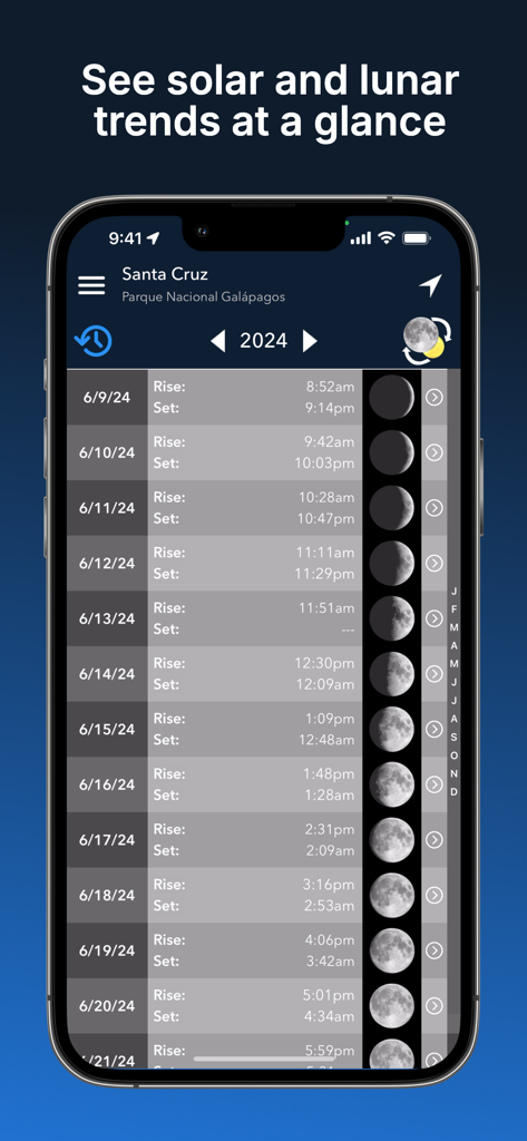 Vista de calendario de la aplicación Lumos que muestra los horarios de salida y puesta solares y lunares con las fases de la luna