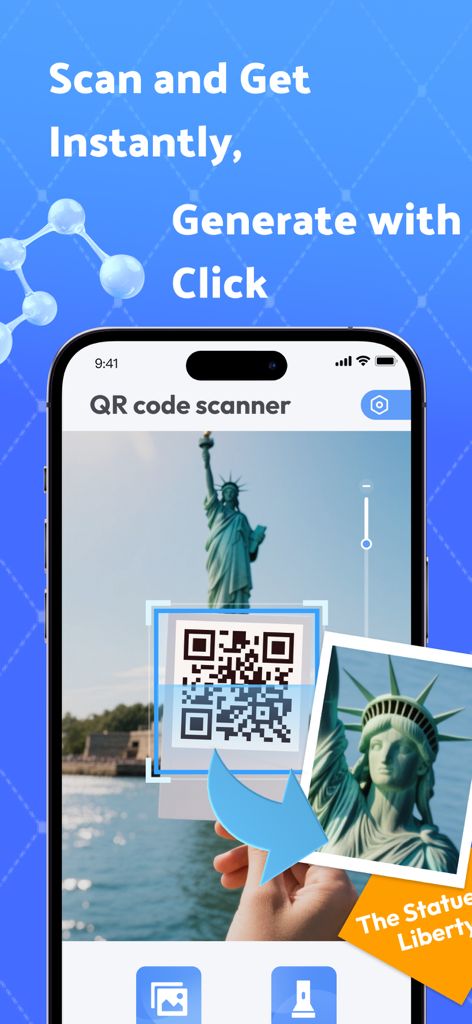Schermata di uno smartphone che mostra l'app QR Code Scanner mentre esegue la scansione di un codice che rivela un'immagine della Statua della Libertà