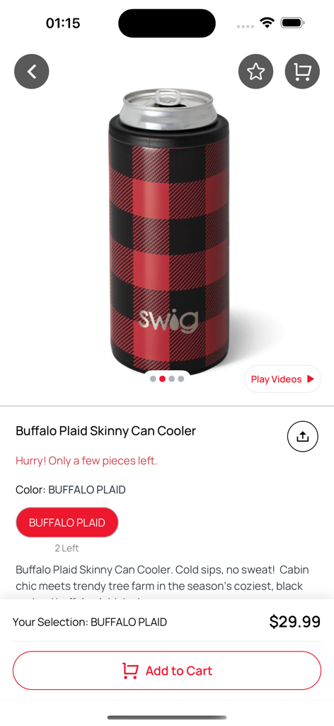 Buffalo plaid skinny can cooler product page in the Feather and Vine Boutique app