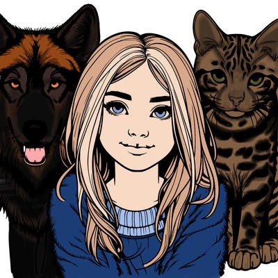 realistic girl with a wolf and a big bangel cat