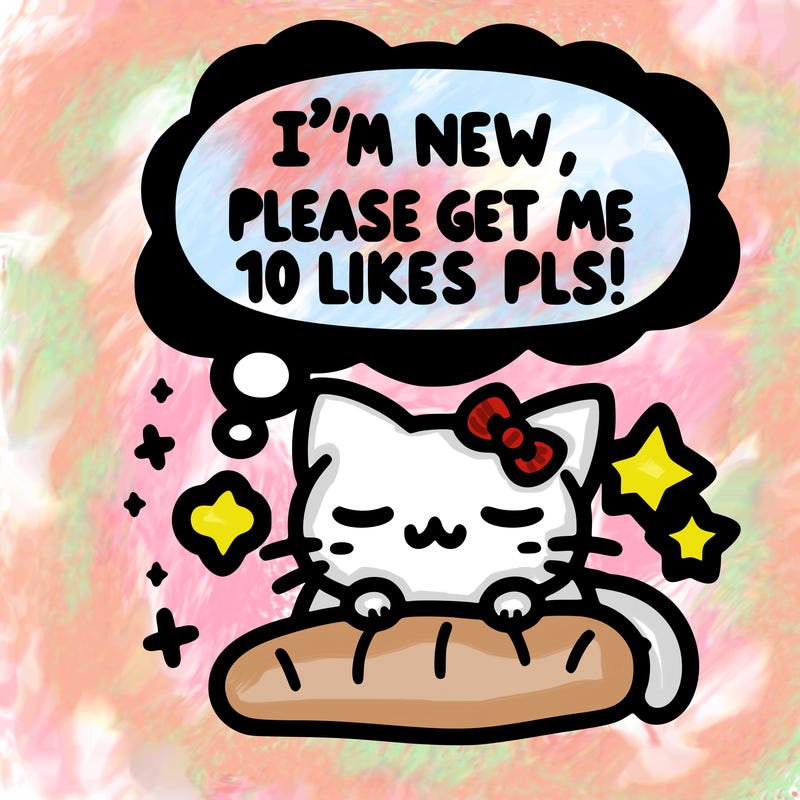 kitty taking a nap dream talking and saying "i'm new, please get me at least 10 likes pls!!"