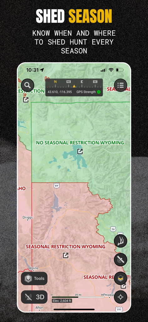 Scout To Hunt: Shed Hunt Maps - Scout To Hunt app displaying seasonal shed hunting restrictions on a Wyoming map