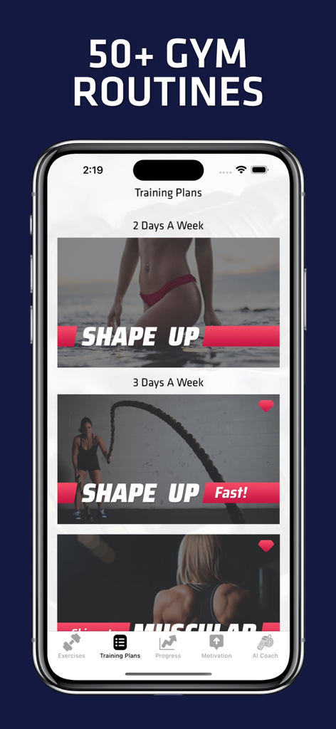 Mobile app screen showing various gym training plans for women including shape up routines