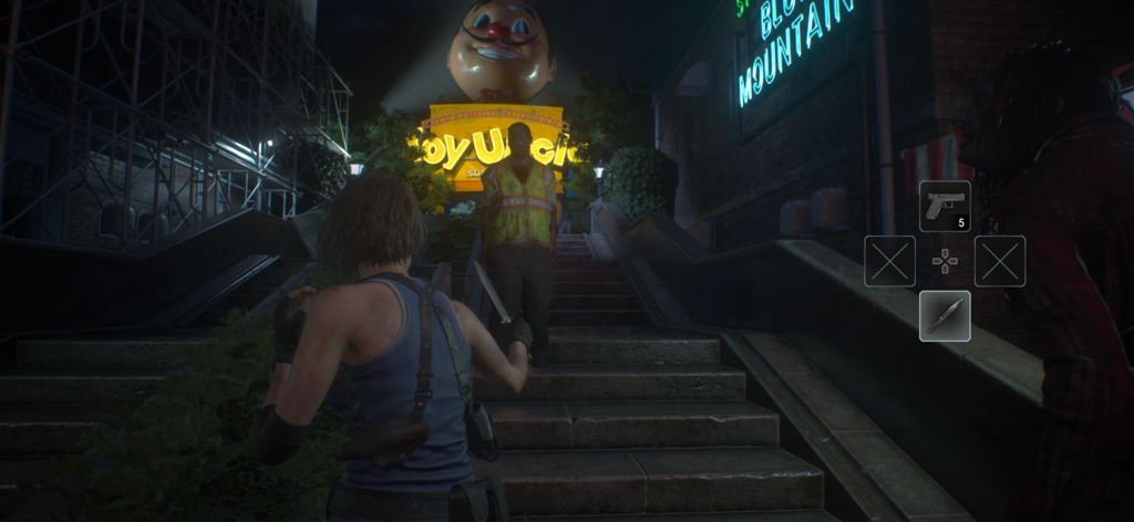 Jill Valentine facing a zombie in front of the Toy Uncle sign in Raccoon City