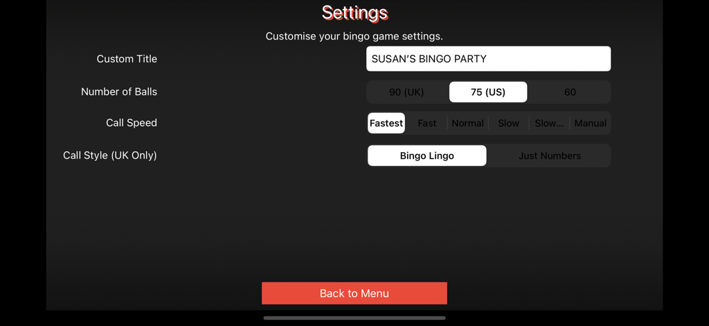 Settings menu of the Bingo Caller Machine app showing customization options for call speed and number of balls.