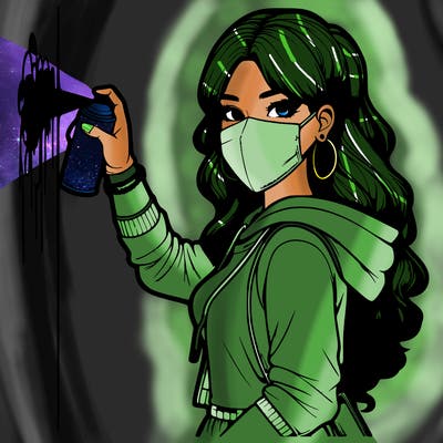 realistic girl with mask spray painting a wall