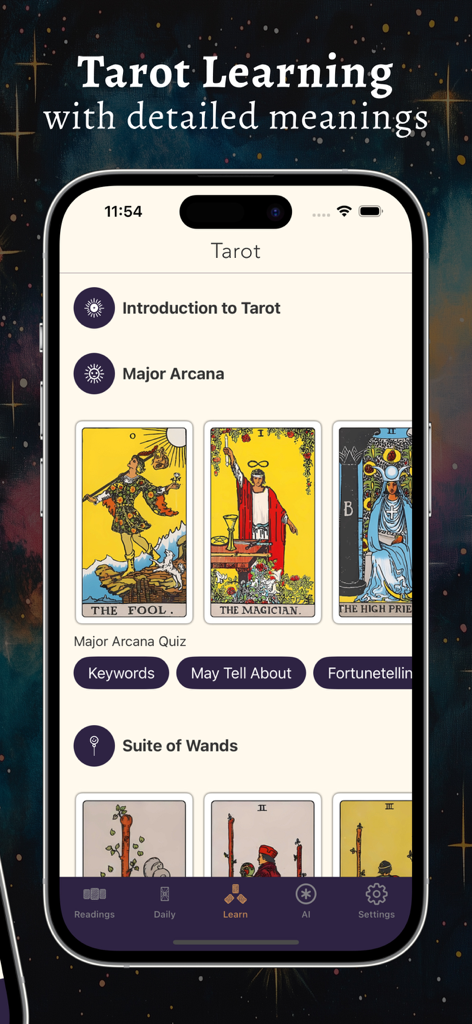 Tarot & Runes: Daily Readings - Pantalla de la aplicación de Tarot mostrando los significados de las cartas del Arcano Mayor y módulos de aprendizaje