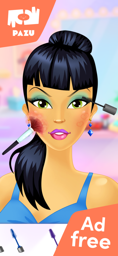 A cartoon character having eyeshadow and blush applied in a kids makeup game.