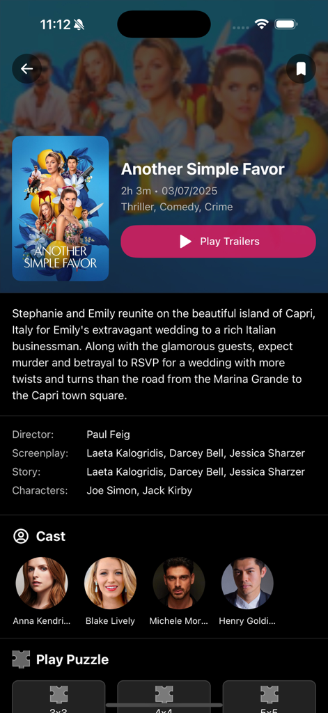 Read Progre: Movie Cine Puzzle - Écran de détails du film pour 'Une Simple Favor' comprenant la bande-annonce, les acteurs et les options de puzzle
