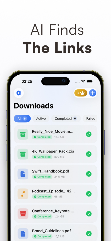 Download Manager: IDM AI - Ein Smartphone-Bildschirm mit der Benutzeroberfläche des IDM AI Download-Managers und einer Liste abgeschlossener Downloads, einschließlich Filmen, ZIP-Dateien und PDFs