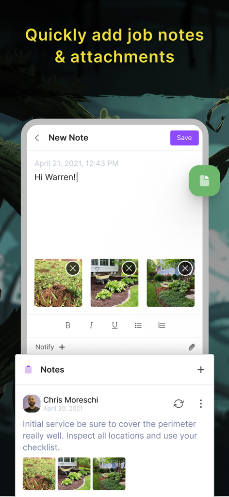 GorillaDesk - GorillaDesk app interface showing how to add job notes and photo attachments for field service tasks