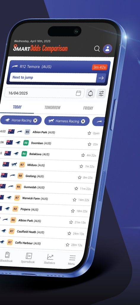A smartphone displaying the SmartOdds Comparison app interface with a list of upcoming horse and harness racing events and countdown timers