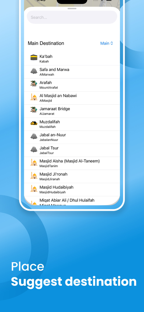 Mobile app screen showing a list of suggested Hajj and Umrah destinations including the Ka'bah and Arafah