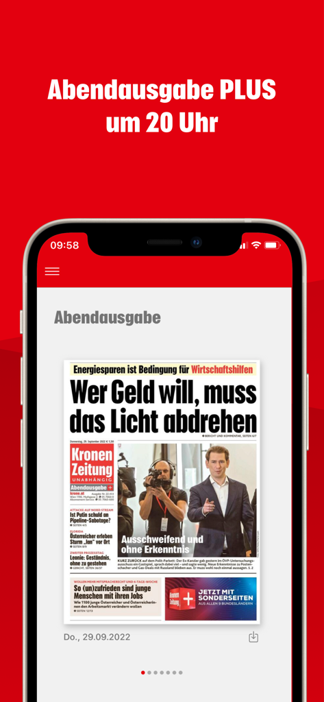 Krone ePaper App zeigt die Abendausgabe der Kronen Zeitung auf einem iPhone an.