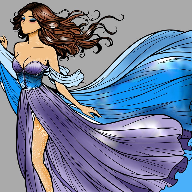 realistic woman in dress flowing the the wind