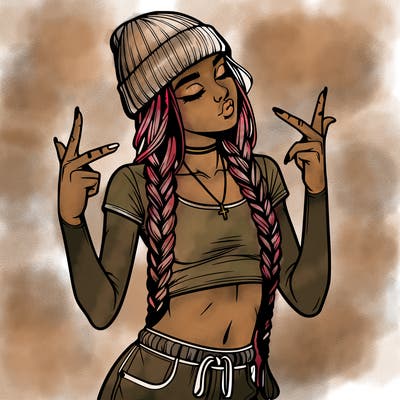 realistic teenage girl with braids and a beanie and crop top doing 🫶🏼