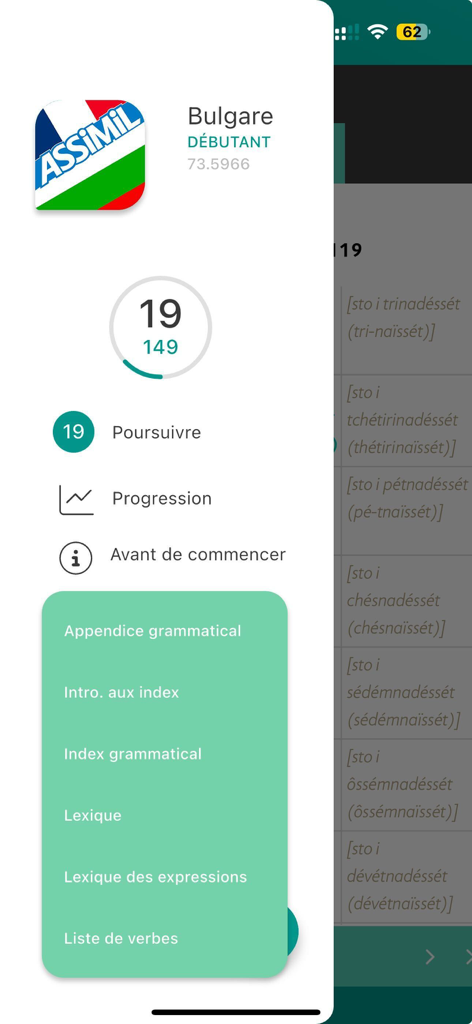 Assimil - Learn languages - Assimil app interface for a Bulgarian beginner course showing lesson progress and a study resource menu.