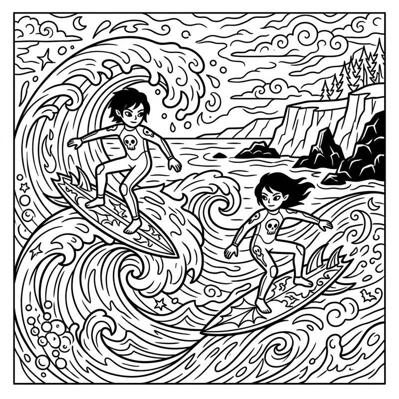 Catch some thrilling waves with this unique gothic surfers coloring page designed for young artists. Featuring cool skull details and dynamic ocean scenes, it's perfect for a creative challenge.
