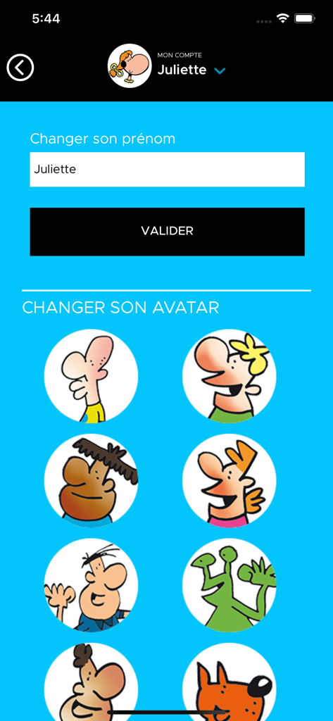 Profilanpassungsbildschirm in der My Weekly App mit Avatar-Auswahl und einem Feld zur Änderung des Benutzernamens