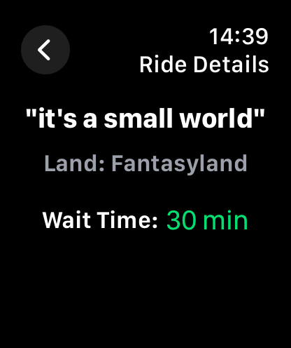 Queue Kingdom - Queue Kingdom Apple Watch interface displaying a 30 minute wait time for the its a small world ride in Fantasyland