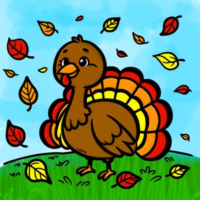 a turkey with falling leaves behind him