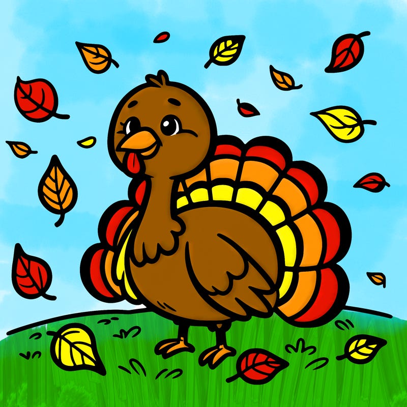 a turkey with falling leaves behind him