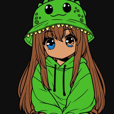 girl with anime shaped eyes with a dinosaur bucket hat oversized sweatshirt long straight hair
