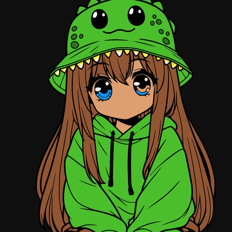girl with anime shaped eyes with a dinosaur bucket hat oversized sweatshirt long straight hair