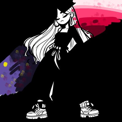 girl in baggy pants crop top and long hair