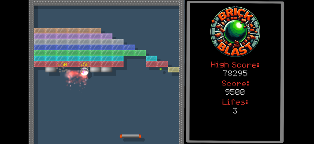 Gameplay screenshot of Brick Blast showing colorful bricks being shattered by a ball and paddle with a score panel on the right.